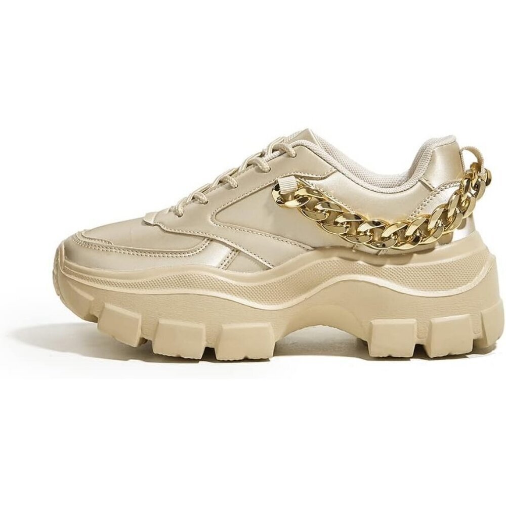 Women Rose Gold With Chain Platform Fuchsia Hologram Casual Lace-Up Sneakers